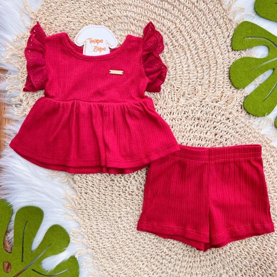 Conj. Blusa Manga Rendada e Short Anarruga - Vermelho